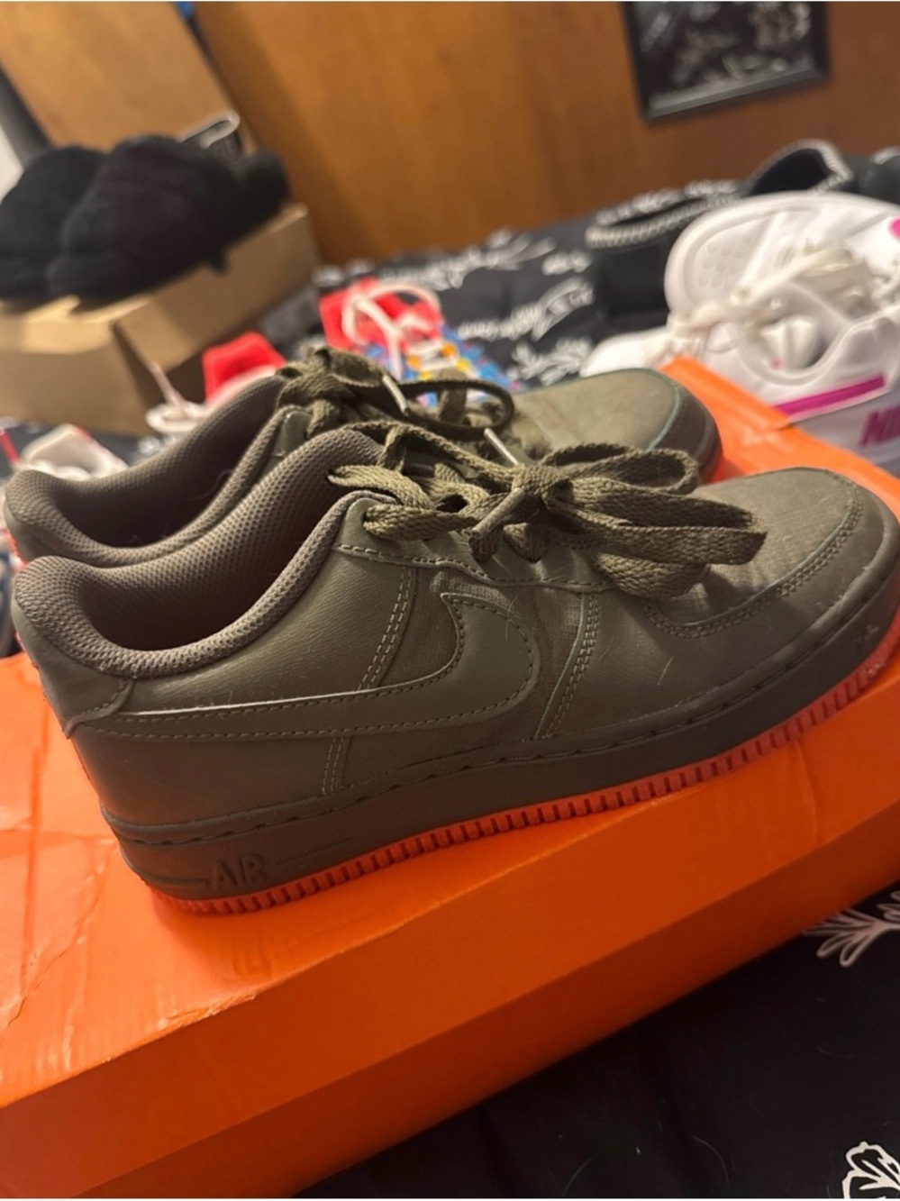 Nike Olive Green Low-Top Sneakers with Orange Outsole